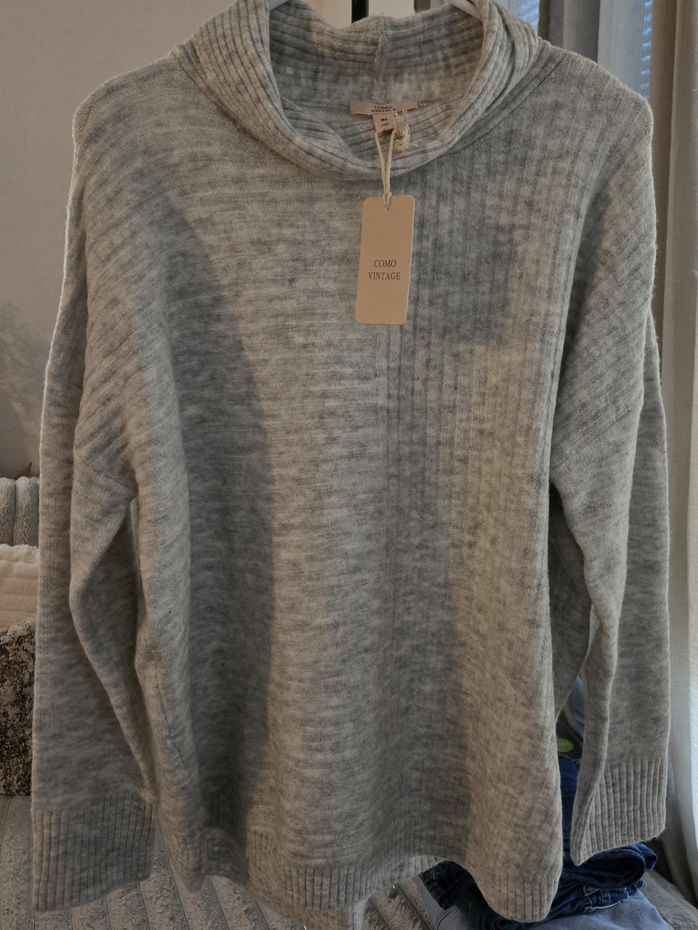 Como Vintage Heather Gray Ribbed Cowl Neck Sweater